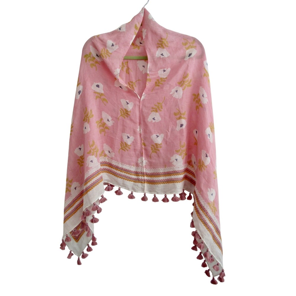 Pink Floral Linen Blend Tassel Wrap Boho Cottagecore Summer Shawl Cover Up